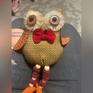 Vintage Fluff Owl Shelf Sitter Charming Brown Owl Decor with Red Bow
